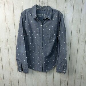 GAP 1969 Women's Chambray Button Down Shirt Polka Dot Denim Top Size M